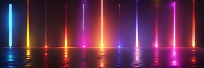 Poster - A vibrant display of colorful vertical lights reflecting on a smooth surface, creating a dynamic atmosphere.