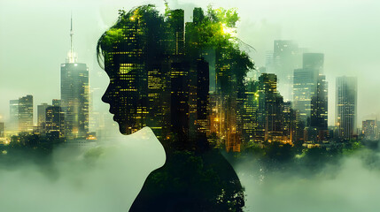 Canvas Print - Silhouette of a woman with a cityscape and trees in her hair, all blended together.