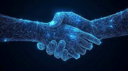 ai generated Illustration two wire-frame glowing hands, handshake, technology, business, trust concep