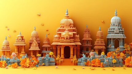 34. Puri Rath Yatra, bright yellow background with chariots and idols, temple silhouettes and garlands scattered, spiritual and vibrant, 3D illustration