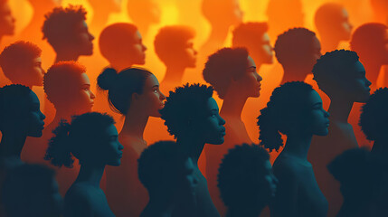 Canvas Print - Silhouettes of people in a crowd, with an orange background, looking to the right, in a row.