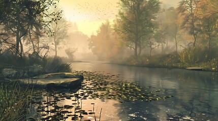 Sticker - A serene landscape featuring a calm river surrounded by trees and mist, evoking tranquility and nature's beauty.