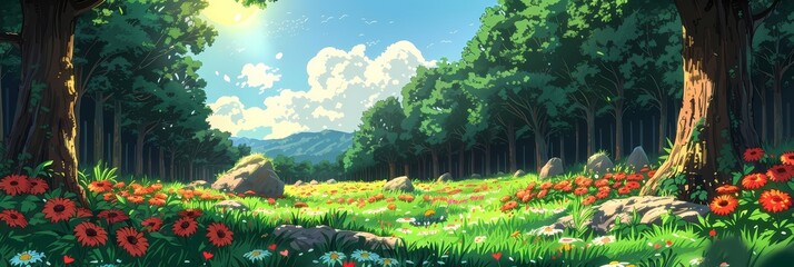 Anime illustration, anime landscape, extra ultra wide horizontal meadow landscape 3:1. 21:9