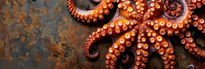 Poster - Top view of steamed octopus in a rustic style, close-up with no people.