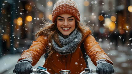 Canvas Print - Smiling woman in orange jacket riding a bicycle through snowy city streets.