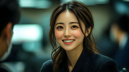 Canvas Print - Smiling woman with long brown hair wearing a black jacket.