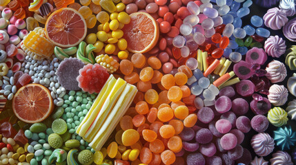 A delectable array of vibrant candies, featuring an assortment of playful and eye-catching hues.