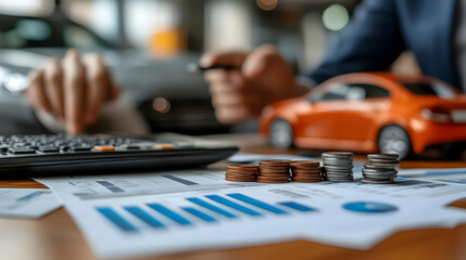 Wall Mural - Stacks of coins on financial documents with a car in the background.