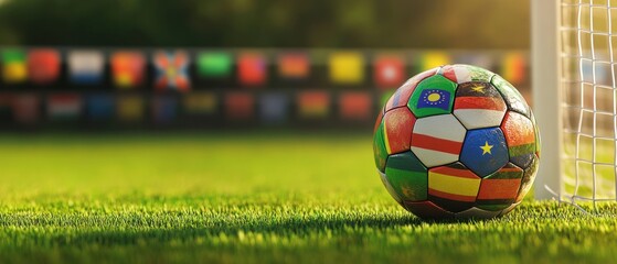 Soccer ball with flags of European countries in the goal on a green background. World cup concept