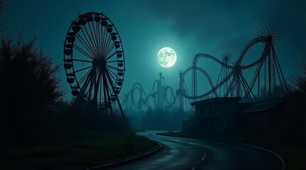 Halloween Abandoned Amusement Park: Spooky Ferris Wheel Silhouette Against Full Moon Night Sky