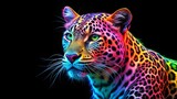 Vibrant neon colored leopard against a black background, neon, colorful, leopard, animal, wildlife, vibrant, spotted, exotic
