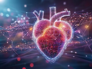 A vibrant digital illustration of a heart, showcasing a modern and abstract design with colorful connections and lights.