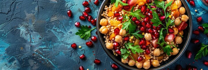 Poster - Colorful salad bowl with couscous, flavorful chickpeas, and pomegranate on a vibrant table, providing space for text.