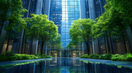 Sticker - Two trees stand on either side of a reflecting pool in front of a modern office building.