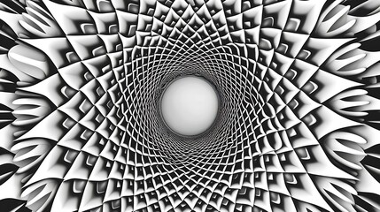 Wall Mural - A mesmerizing black and white geometric pattern creating a 3D illusion, drawing the viewer into its center.