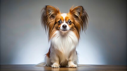 Wall Mural - Adorable puppy papillon dog posing in a studio setting , puppy, papillon, dog, studio, cute, small, fluffy, pet