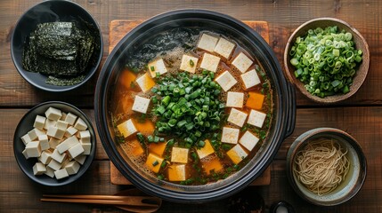 A flavorful hot pot with tofu, seaweed, green onions, and noodles, set on a wooden table surrounded by fresh ingredients.