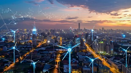 Wall Mural - aerial view of a cityscape at dusk with wind turbines, showcasing a vision of a sustainable and technological future.