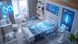 © improvee design - modern hospital room with advanced technology future of healthcare. The room features digital screens medical devices virtual assistant for providing patients personalized care diagnostics.