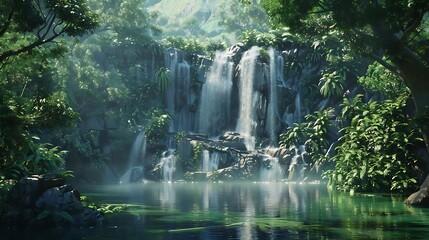 Wall Mural - A serene waterfall cascading into a tranquil pool, surrounded by lush greenery and tropical plants.