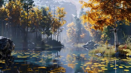 Sticker - A serene landscape featuring a calm lake surrounded by autumn trees and mountains, evoking tranquility.