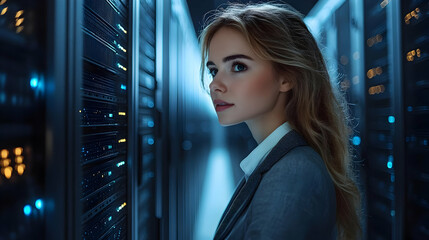 Woman in a server room looking into the distance.