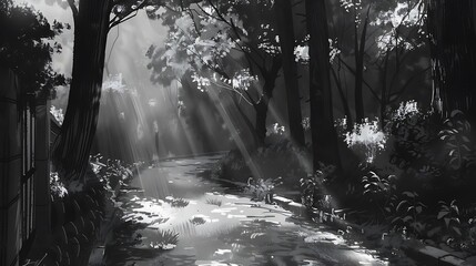 Poster - A serene black-and-white landscape depicting a sunlit path through a forest, highlighting nature's beauty.