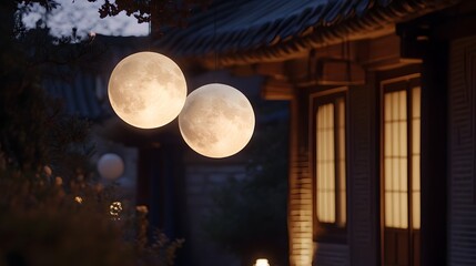 Glowing Chuseok moon lanterns adorning the outdoor homes during the traditional Korean harvest festival creating a serene and celebratory atmosphere