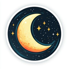 Sticker of a moon and stars in circle shape, flat vector illustration, on white background, digital sticker, clipart, icon 