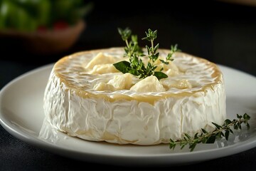 round ripe cheese with mold, melted cheese with white plate on table. black background. Generative ai