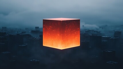 A glowing AI-powered cube floating above a city, symbolizing centralized intelligence controlling urban systems