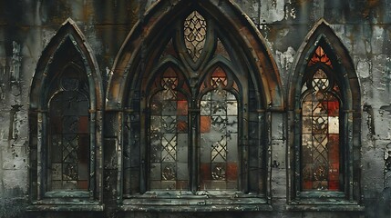 Canvas Print - A weathered gothic window with intricate designs and stained glass, showcasing a blend of decay and beauty.