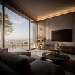 © Anomal - Modern Living Room Featuring Wooden Accents and Large Windows, 3D Render Highlighting Contemporary Design Elements and Natural Light Integration