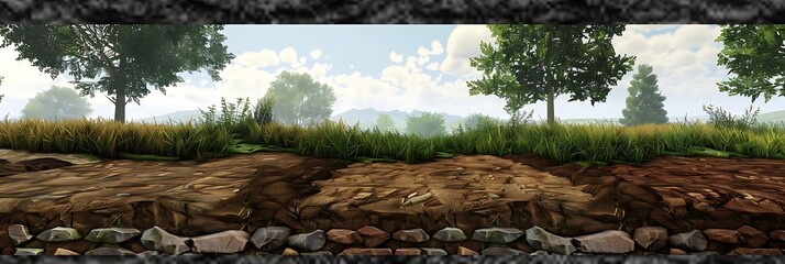 Sticker - A digital landscape featuring a grassy area, trees, and a rocky border, illustrating a natural environment.