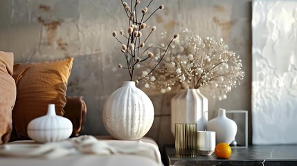 Sticker - A serene interior setting featuring elegant vases, decorative branches, and a cozy atmosphere.