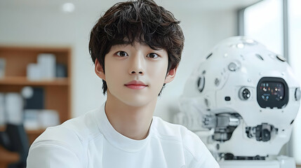 Young man looking at the camera with a robot in the background.