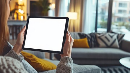 A person holding a blank tablet in a cozy living room with soft lighting and modern decor, perfect for digital mockups.