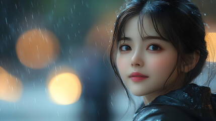 Young woman with dark hair and eyes looking at the camera while it rains with city lights bokeh in the background.