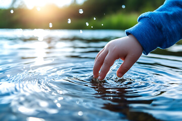 A childs hand gently touches water, creating ripples and splashes, evoking sense of wonder and joy in nature.