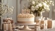 © Chantip - Elegant birthday scene, stylish cake with candles, luxury gift boxes, and a sophisticated greeting card
