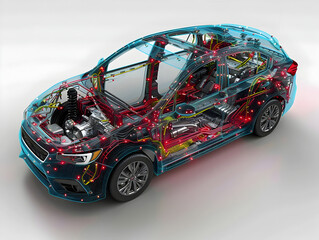 Transparent Cutaway 3D Rendering of Automobile Interior Wiring Network and Components