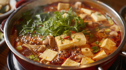 A tantalizing hot pot, brimming with fresh, vibrant ingredients and a delicious broth.