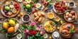 © A.Rod - Rustic flat lay Easter breakfast setting with fruits, berries, eggs, and flowers, rustic, flat lay, Easter, breakfast, setting