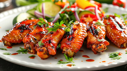 A tantalizing plate of spicy chicken wings glazed with a rich sauce, accompanied by vibrant vegetables.