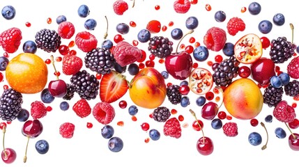 Wall Mural - Organic Fruit and Berries Falling Fresh Food Wallpaper Natural Sweets in a White Kitchen Background, Restaurant Menu Object Cookbook Recipe Isolated Ingredient Backdrop, Agriculture Marketing Design