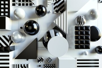 Sticker - Geometric shapes in black, grey, and white colors, with a white background, 3D render,  created by ai