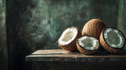 Three coconuts, one whole and two halved, rest on a rustic wooden table against a blurred green background.