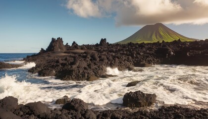 Canvas Print -  Majestic oceanic landscape with a volcanic peak