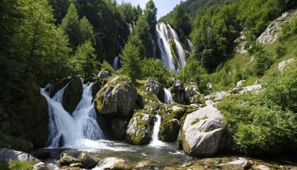 Wall Mural -  Natures grandeur  A waterfall cascading through a lush mountain landscape