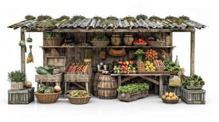 A rustic farmer market stall, isolated on white background, full body shot, with baskets of fresh produce and wooden crates,